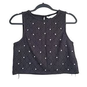 LC Lauren Conrad Womens Cropped Tank Top Size XS Black Lace Rhinestone Overylay